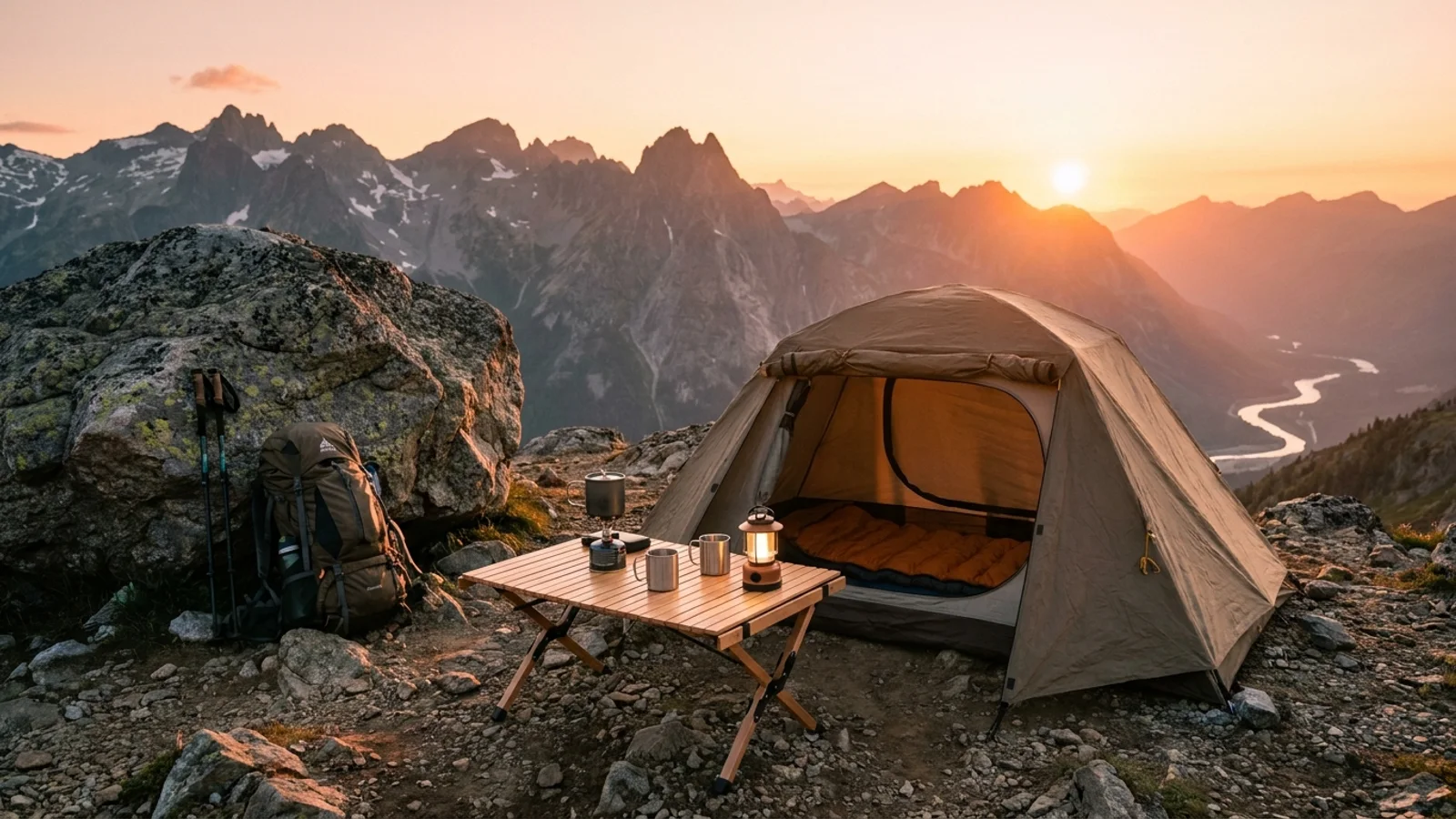 Camping and outdoor gear set up at a scenic campsite